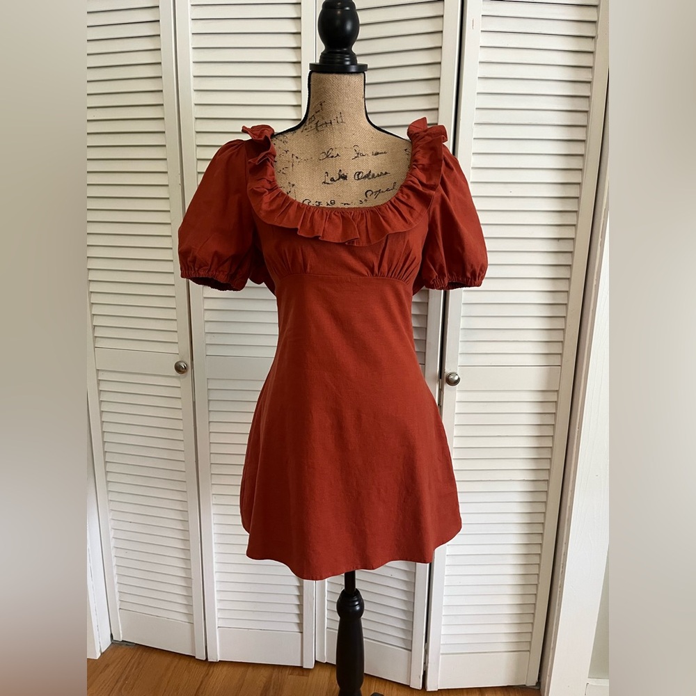 MAJORELLE Terracotta Puff Sleeve Mini Dress